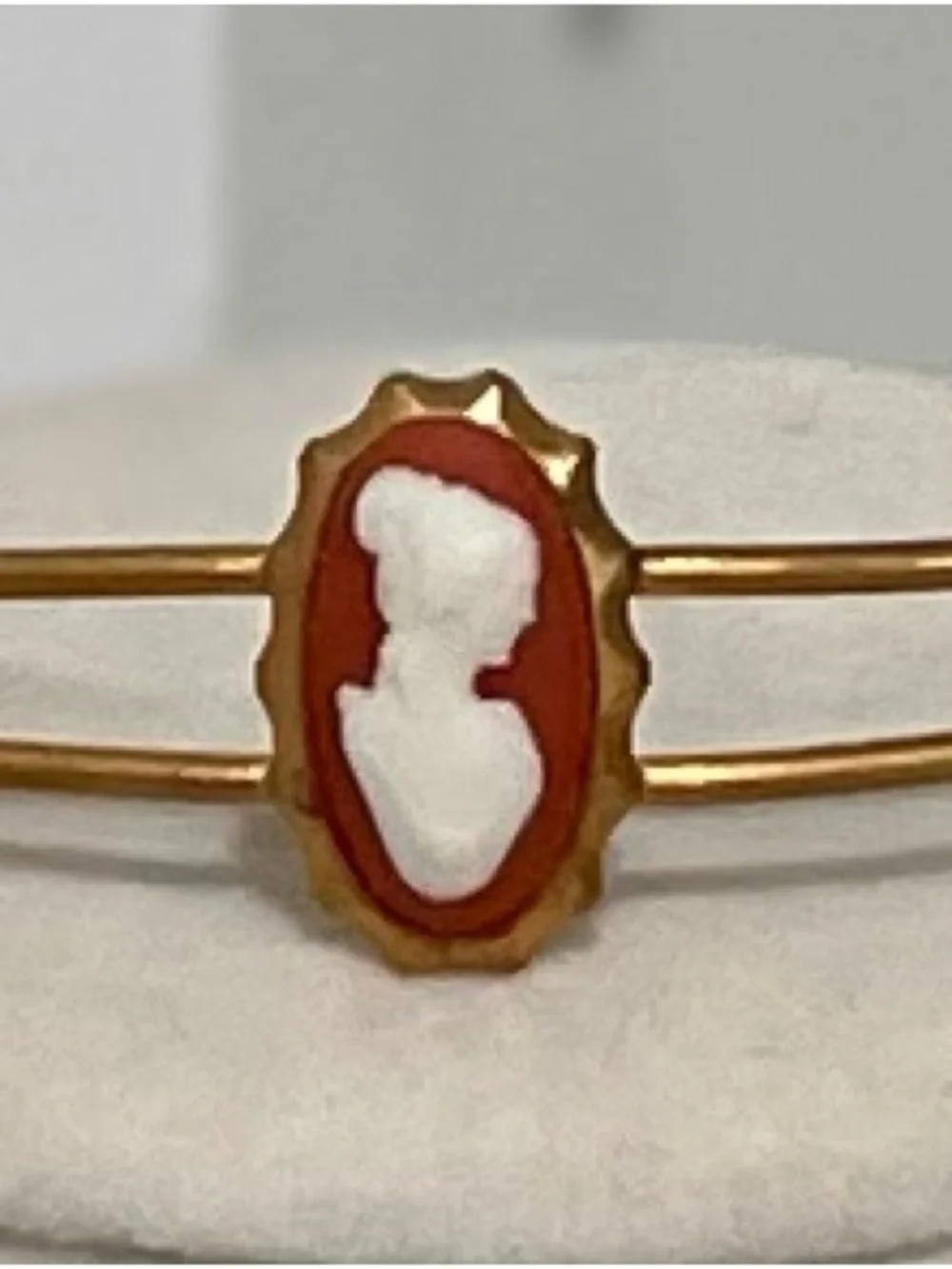 Vintage 1950’s Carnelian Cameo Brass Cuff Bracelet Victorian Cottagecore Grandma